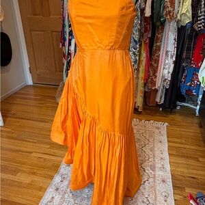Anthropologie let me be Asymmetrical Orange Midi Dress